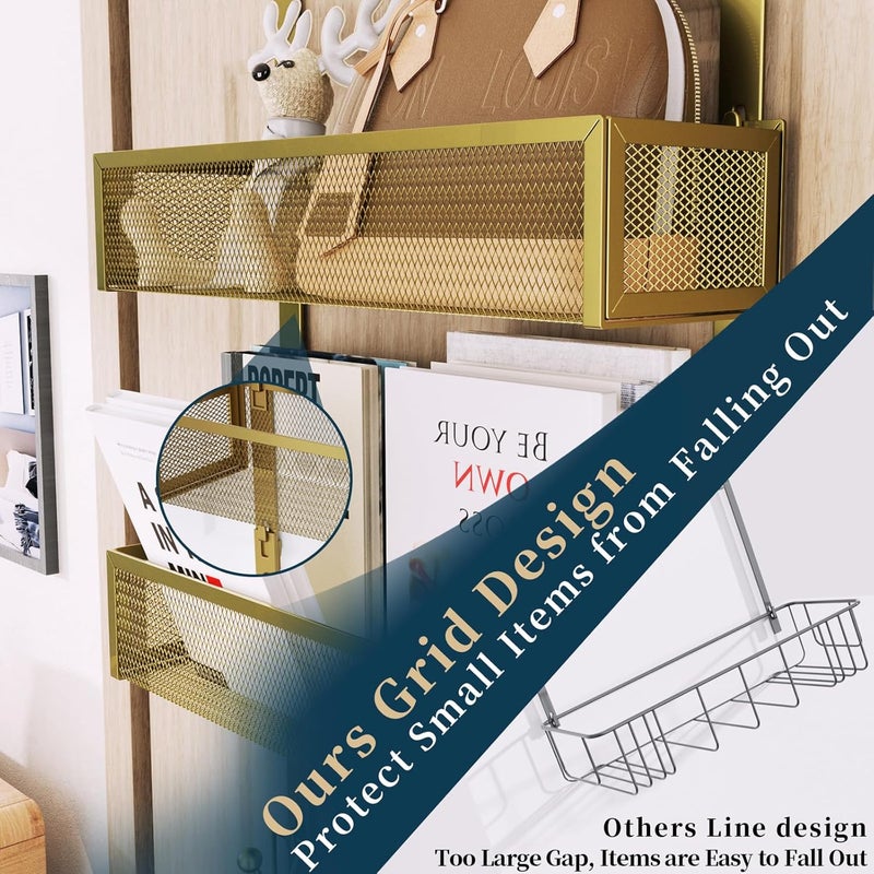 Consumest Over The Door Hooks Organizer - Extra Long Door Hanger with 9 Coat Hooks & 2 Mesh Basket, Back Storage Organizer Hanging Towels for Bathroom, Bedroom, Gold (for 1.76 in Doors) - Image 3